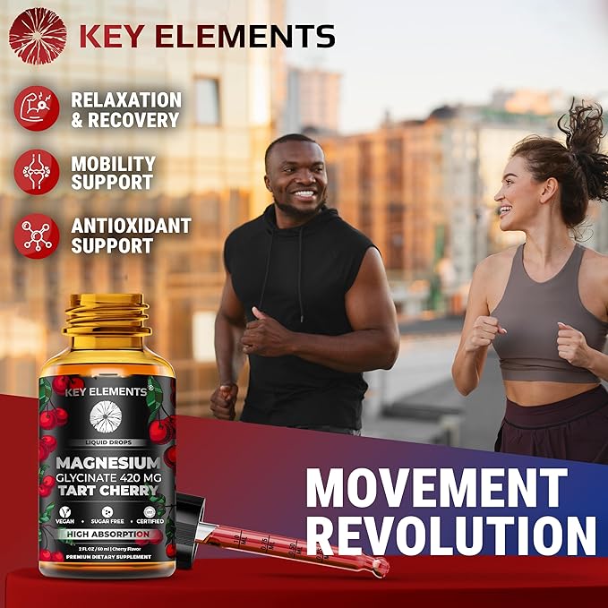 Liquid Magnesium Glycinate 420 Mg with Natural Tart Cherry Extract | Magnesium Glycinate Drops Supplement for Sleep Mood &amp Mobility Support | Tart Cherry Extract