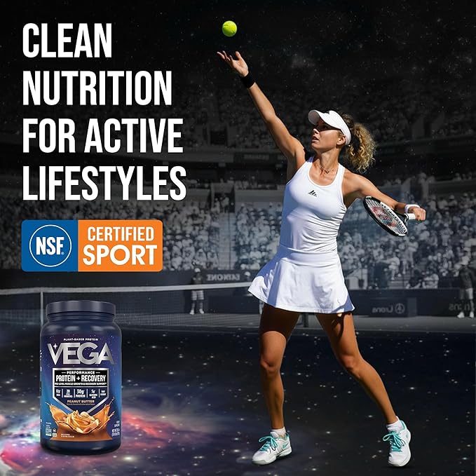 Vega Sport Vegan Protein Powder + Recovery - 30g Plant Based Protein per Serving Peanut Butter 19 Servings 5g BCAAs Probiotics NSF Certified for Shakes &amp Smoothies 1.8lbs (Packaging May Var