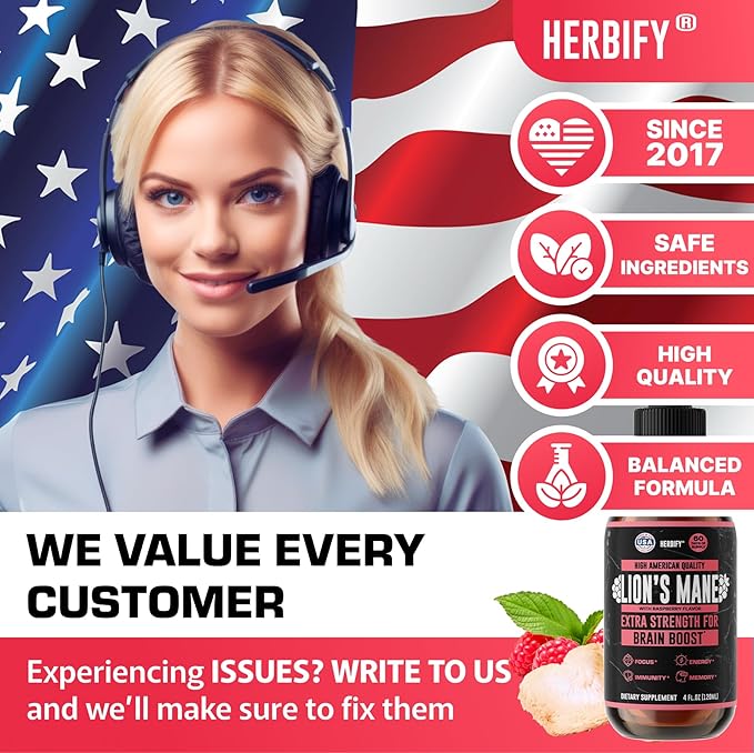 HERBIFY Lions Mane Supplement - Daily Mushroom Supplement for Memory Focus &amp Clarity - Brain Booster - Lions Mane Tincture for Natural Immune Support - 4 Fl Oz Raspberry Flavor