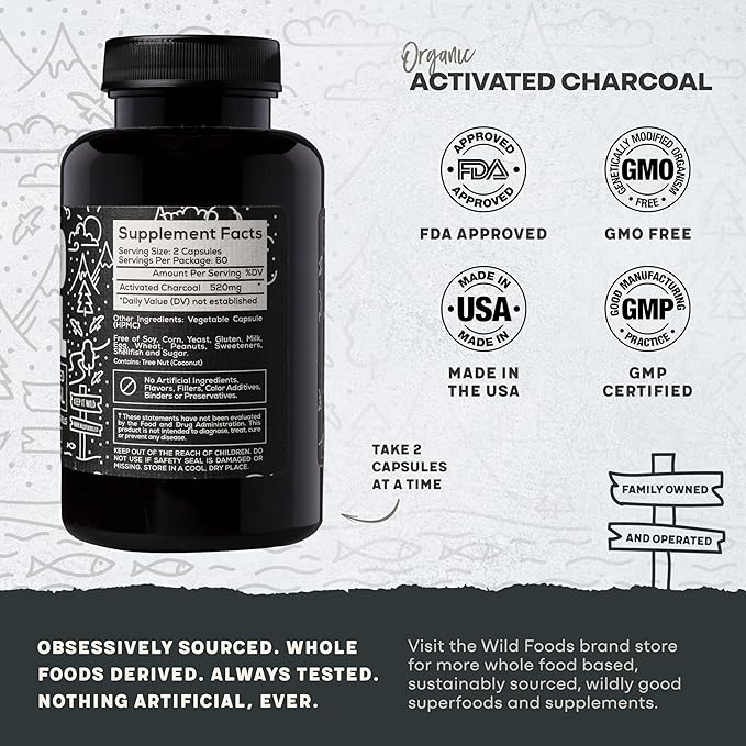 Wild Foods Activated Charcoal Capsules | 100% Organic Coconut Shells Active Tablets | Lab Tested &amp Non-GMO Detox Pills | USA (Three Bottles - 120 Capsules)