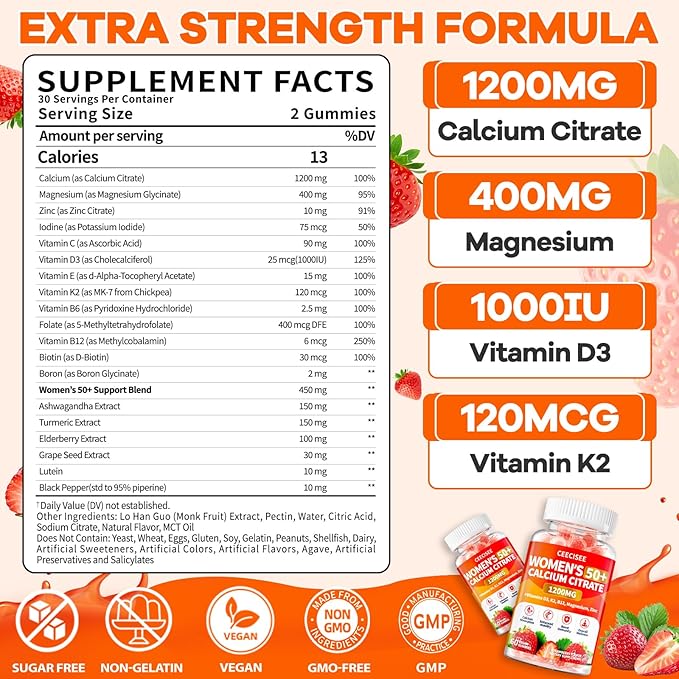 50+ Women's Calcium Citrate Gummies: Sugar Free 1200 mg Calcium Supplements for Women Plus Vitamin D3 K2 B12 B6 Magnesium Zinc - Vegan Calcium Gummy Support Immune Energy Health (60Count)