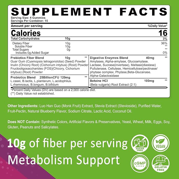 Fiber Gummies for Adults Sugar Free 10g Prebiotic Fiber Supplement with Digestive Enzymes Probiotics &amp 100mg Betaine for Digestive &amp Gut Health and Regulate Bowel Movement Vegan Gelatin Fr