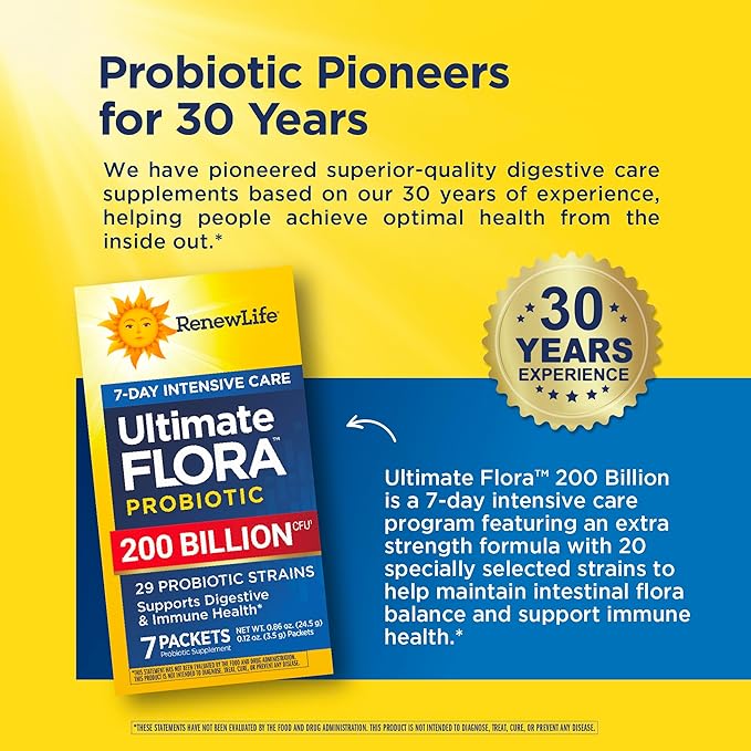Renew Life Ultimate Flora Probiotic Powder 200 Billion CFU | 7 Packets | Digestive Health | Immune Health | Dairy Free