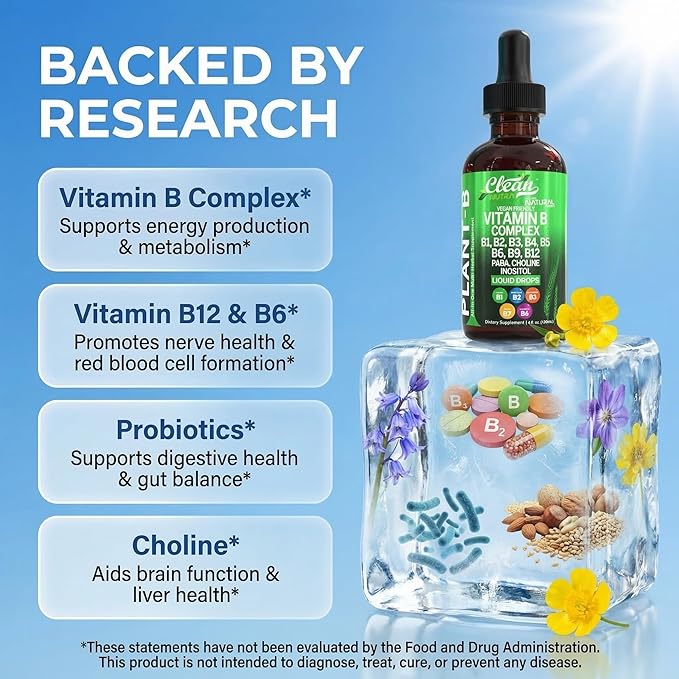 Vitamin B Complex Liquid Drops | Thiamine B1 B6 B2 B3 B4 B5 B7 B9 B12 Niacinamide Paba Choline Inositol Taurine Probiotics Beet Root Spirulina - Plant-B Vitamin Supplements by Clean Nutra