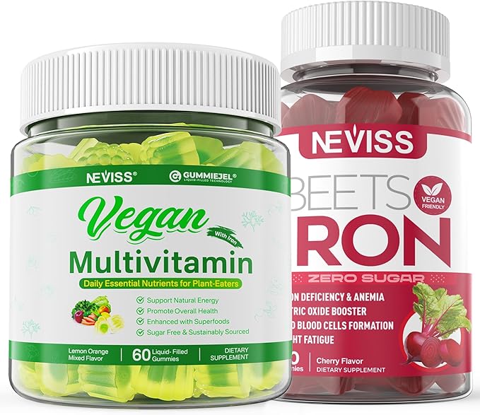 Vegan Iron Gummies with Vegan Multivitamin for Women Men with Iron Vitamin B12 A D3 K2 Algae Omega 3 Magnesium Zinc
