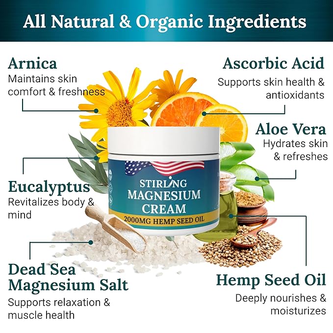 STIRLING Magnesium Cream – 2000mg Hemp Seed Oil Dead Sea Magnesium &amp Arnica – Supports Joint Mobility &amp Muscle Function – Non-Greasy Fast Absorbing – Made in USA