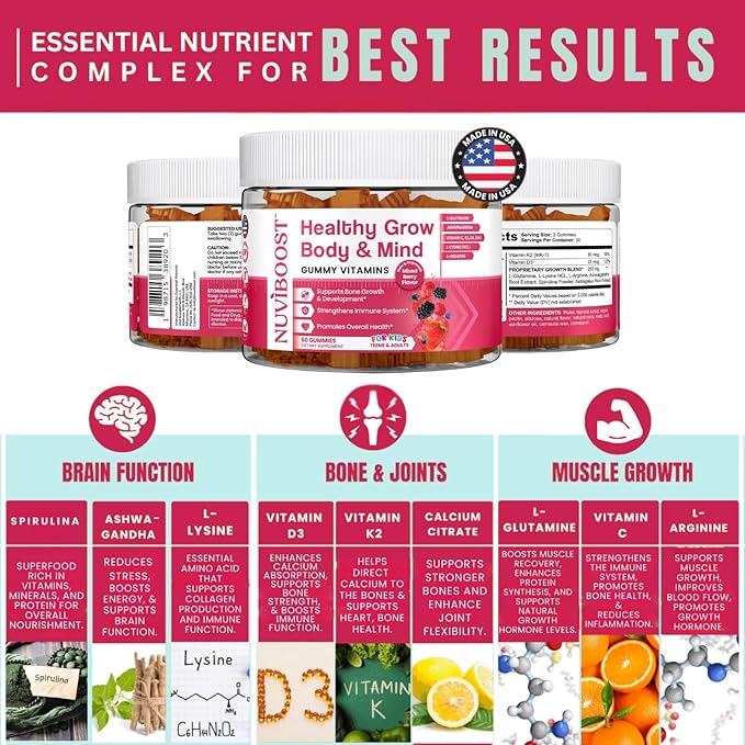 Healthy Grow Height Growth Gummies Rich in Calcium Vitamins C D3 K2 L-Arginine Ashwagandha and Others Boost Bone Health &amp Immunity Multivitamin for Kids 5+ Teens and Adults.