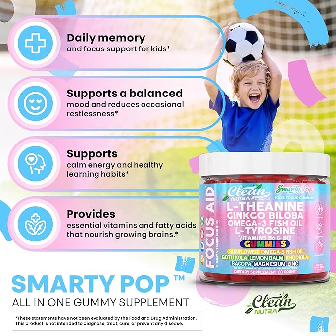 Clean Nutra Kids Focus Gummies with L-Theanine Ginkgo Biloba Omega-3 Fish Oil L-Tyrosine Vitamin B6 B12 – 60 Count Clean Label Non-GMO Vegan-Friendly SmartyPop Formula for Kids Support