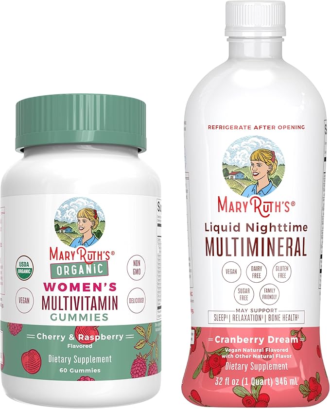 MaryRuth's Multivitamin Gummies for Women (Cherry &amp Raspberry) &amp Liquid Nighttime Multimineral (Cranberry) | Clean Label Project Verified® | Vegan Non-GMO | Beauty Bedtime Overall Health