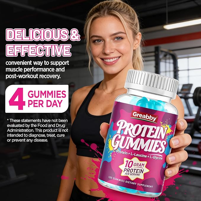 Protein Gummies Chewable Whey Protein Supplement with L-Glycine &amp L-Leucine 10g Protein for Women &amp Men Muscle Hair Skin &amp Nails 120 Count