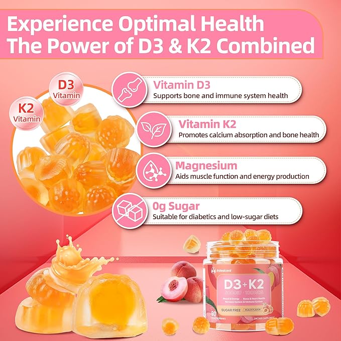 Vitamin D3 K2 Gummies w/Magnesium Sugar Free - 90 Count | D3 Vitamin 5000 IU + K2(MK-7) 100 mcg - Vegan K2 D3 Vitamin Supplement Highly Absorbent Supports Bone Muscle Mood &amp Immune(Peach Flavo