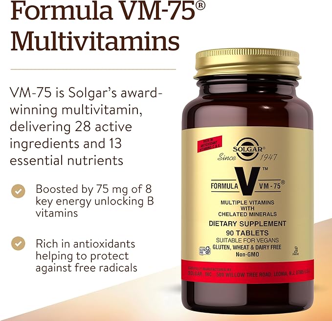 Solgar Formula VM-75 90 Tablets - Multivitamin with Chelated Minerals - Vitamin A B6 B12 C D E - Biotin Magnesium Calcium Iron Zinc - Vegan Gluten Free Dairy Free Kosher - 90 Servings