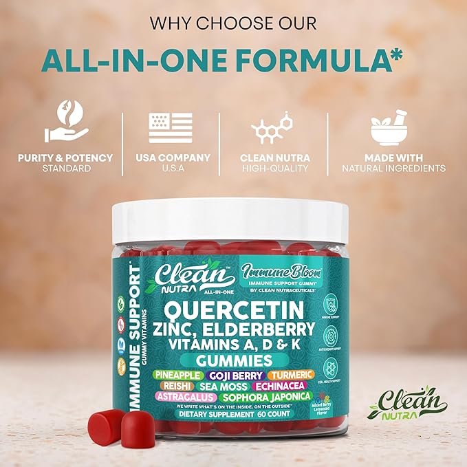 Clean Quercetin Elderberry Immune Support Gummies | Zinc Vitamin K2 D3 A Bromelain Goji Berry Turmeric Sea Moss Echinacea Astragalus Selenium Olive Leaf Immunity Supplement Gummy Vitamins