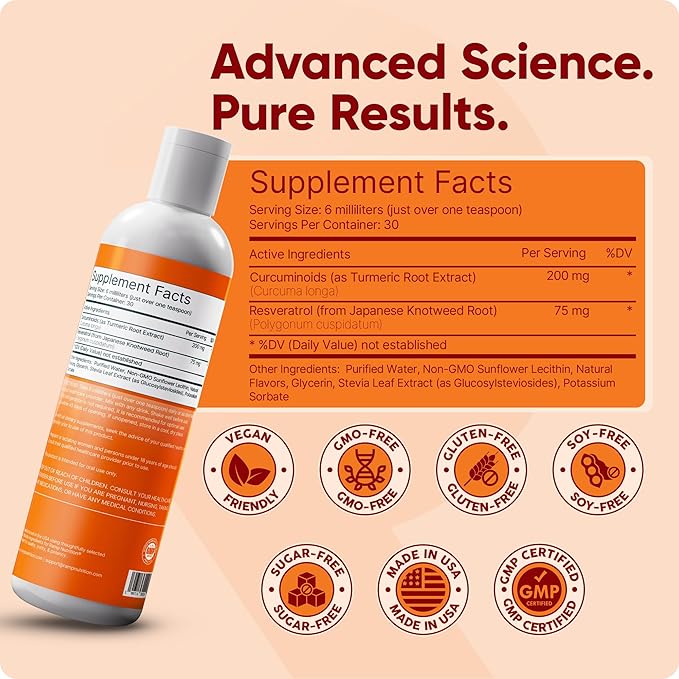 Liposomal Curcumin + Resveratrol Liquid – 200mg Curcuminoids + 75mg Trans-Resveratrol – Joint Support Anti-Inflammatory &amp Longevity – High Absorption – Vegan – 30 Servings