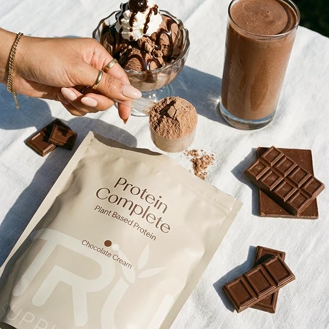 TRU Supplements Plant Based Protein Powder BCAA EAA 20g Vegan Brown Rice &amp Pea Protein 100 Calories 27 Vitamins No Artificial Flavors 25 Servings (Natural Chocolate Cream)