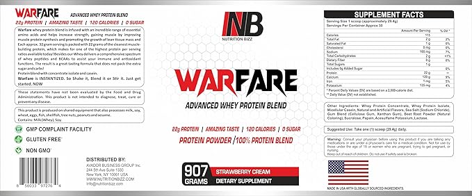 Warfare 2 lbs Advanced Whey Protein Blend 22g Protein per Serving Amazing Flavors (2 lbs Strawberry Cream)
