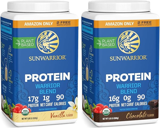 Sunwarrior Chocolate &amp Vanilla Organic Plant Based Protein Powder Set | Bundle &amp Save | Vegan Organic Protein Powder | Non-GMO Soy Dairy Filler &amp Gluten Free (32 Servings Each)