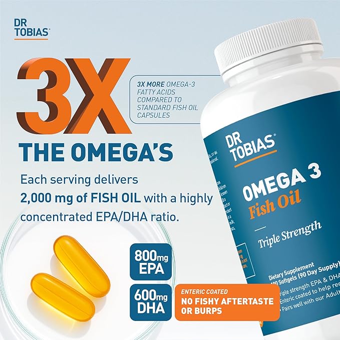 Dr. Tobias Omega 3 Fish Oil 2000 mg + L‑Lysine 500 mg Tablets – Triple Strength EPA/DHA for Heart &amp Brain Support with Essential Amino Acid for Collagen &amp Skin Health