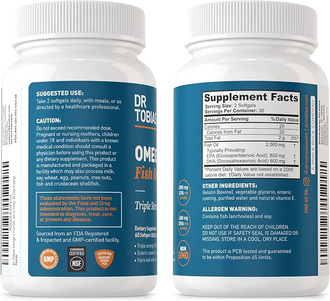 Dr. Tobias Omega 3 Fish Oil &amp Joint Support Supplements Supports Heart Brain Immune Joint Health Function &amp Flexibility for Men &amp Women
