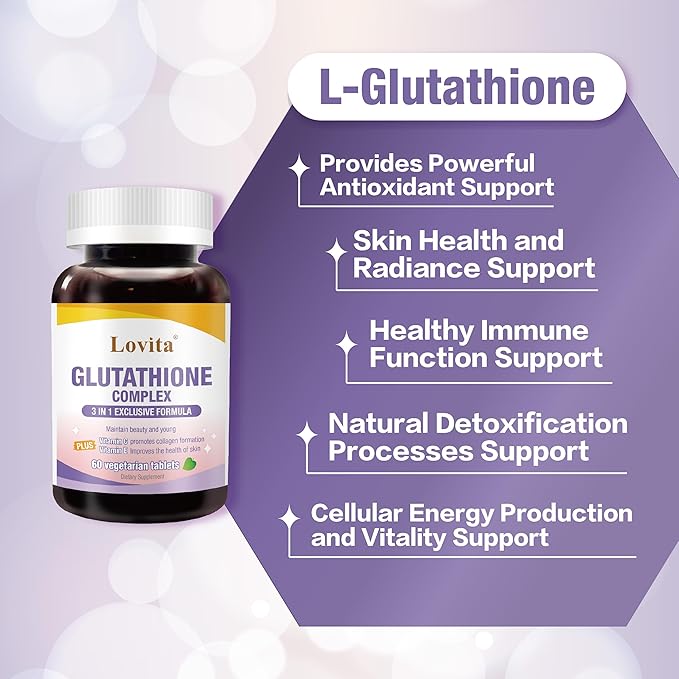 Lovita Glutathione Complex 500mg for Radiant Skin &amp Immunity Support | 99.8% Purity with Vitamin C Selenium &amp E Vegan Non-GMO Gluten-Free 60 Vegetarian Tablets