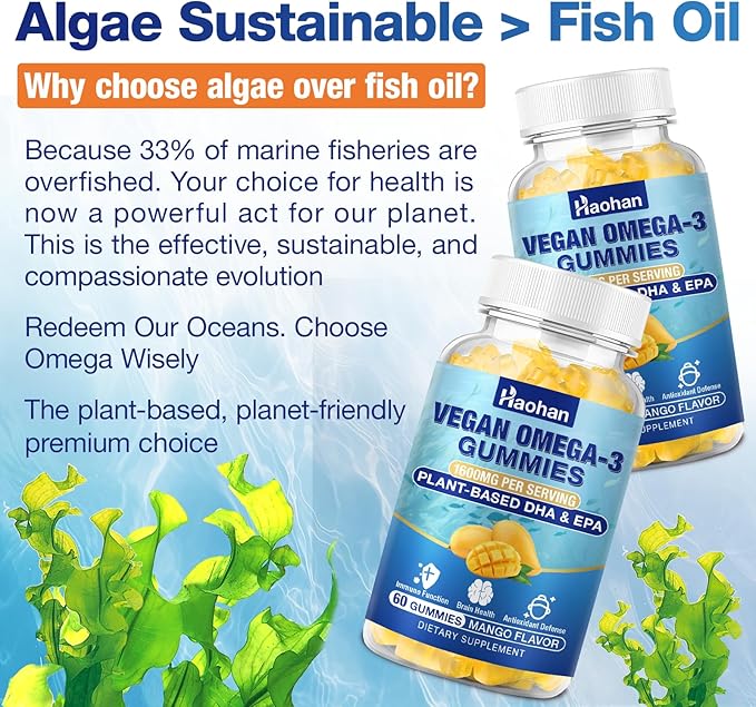 Omega-3 Gummies for Adults Orange Flavor – Sugar-Free Algae-Derived DHA 600mg &amp EPA 300mg with Vitamins A C E Zinc 120 Gummies