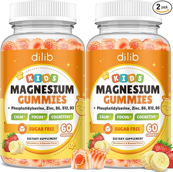 Magnesium Glycinate Gummies for Kids Brain Supplement for Memory and Focus with Phosphatidylserine L-Theanine Zinc for Kids &amp Adults Sleep Cognition Calm Strawberry &amp Banana Flavor 120ct