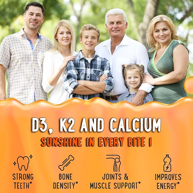 Center-Filled Vitamin D3 K2 &amp Calcium Gummies - Supplement for Healthy Teeth Bone &amp Energy - 5000 IU D3 120 mcg K2(MK-7) 120 mg CA - Vegan &amp Non-GMO - 120 Count