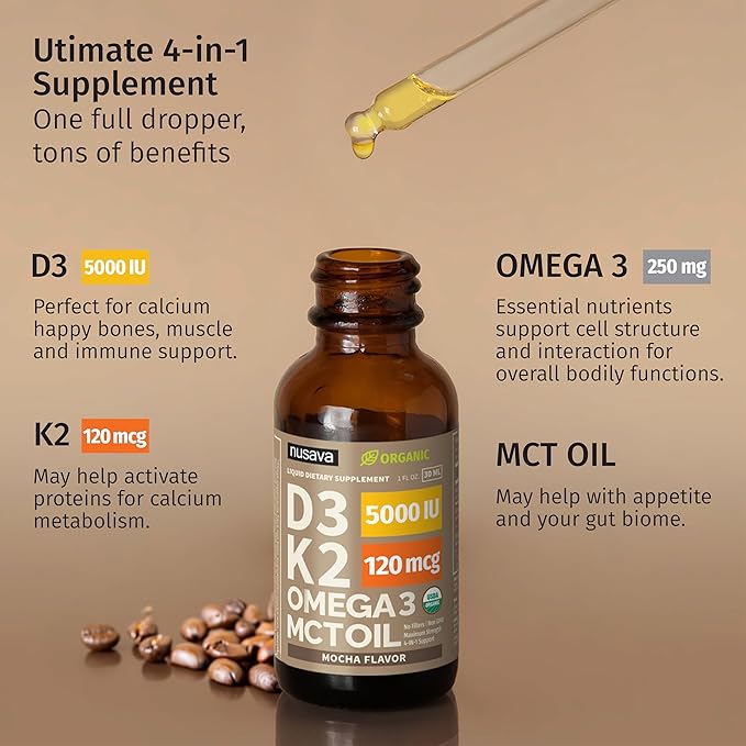 NUSAVA (2 Pack) Organic Vitamin D3 K2 Drops with MCT Oil Omega 3 5000 IU Maximum Strength Vitamin D Liquid No Fillers Non-GMO Liquid D3 for Faster Absorption and Immune Support (Mocha 2 Fl Oz)