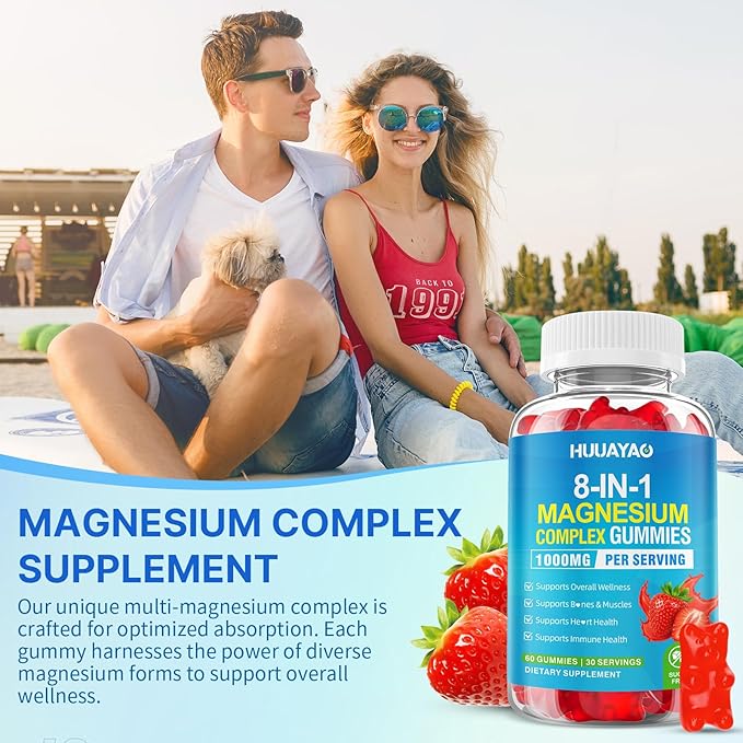 Magnesium Complex Gummies for Women Men 8 in 1 Magnesium Glycinate Citrate Malate Taurate for Bones Muscle Nerve Health Sugar-Free Vegan Non-GMO Strawberry Flavor 120 Count