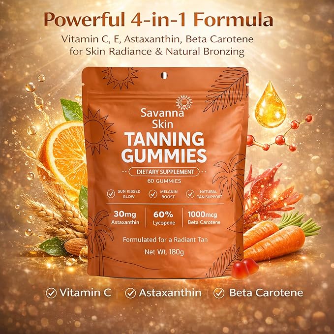 Savanna Skin Tanning Gummies with Vitamin C &amp E Astaxanthin Beta Carotene Skin Radiance &amp Hydration for Natural Looking Glow Bronzing Non-GMO Vegan &amp Sugar Free - 60 Count (2)