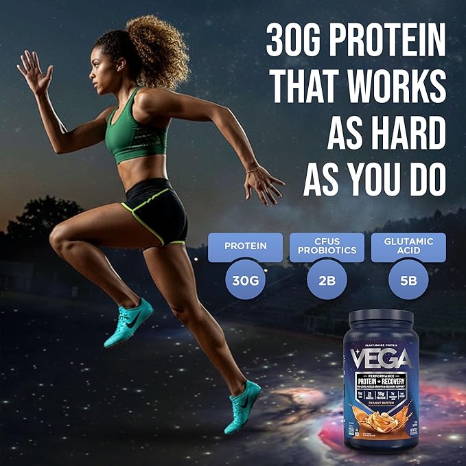 Vega Sport Vegan Protein Powder + Recovery - 30g Plant Based Protein per Serving Peanut Butter 19 Servings 5g BCAAs Probiotics NSF Certified for Shakes &amp Smoothies 1.8lbs (Packaging May Var