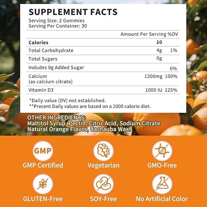 (2 Pack)Calcium Citrate 1200mg with Vitamin D3 Gummies for women &amp MenCalcium Citrate Supplements for Bone &amp Teeth SupportHigh Absorption-Easy to Digest Sugar FreeVeganOrange Flavor60 Da