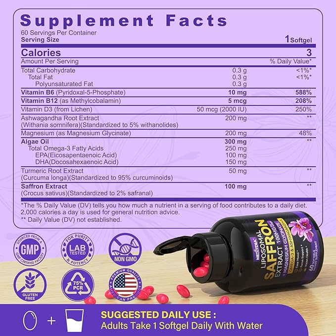 Saffron Supplements - 100mg Liposomal High Absorption 100% Pure Saffron Extract with Magnesium Glycinate Omega-3 Turmeric Ashwagandha Vitamin B6 B12 D3 for Mood Brain - 60 Softgels.