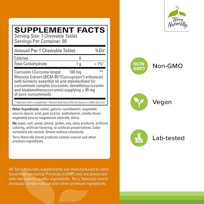 Terry Naturally CuraMed 100 mg Curcumin Complex - Enhanced Absorption Curcumin Supplement with Turmeric - Brain &amp Liver Health Support Supplement - Vegan Dietary Supplement - 60 Chewable Tablets