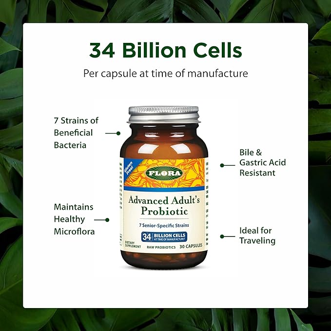 Flora - Advanced Adult's Blend Probiotic Seven Senior-Specific Strains Gluten Free Raw Probiotic with 34 Billion Cells 30 Capsules