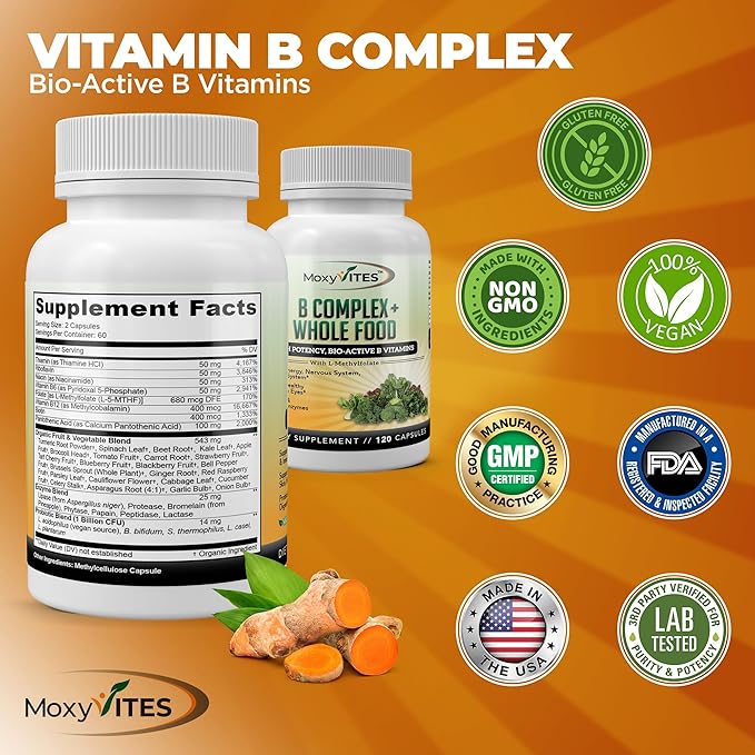 MoxyVites Vitamin B Complex - B Vitamins Whole Food Supplement B12 Methylcobalamin B1 B2 B3 B5 B6 B7 B9 - for Stress Energy and Immune Support Vegan 120 Capsules