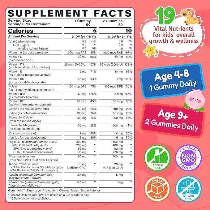 Kids Multivitamin Gummies + Iron Omega 3 Probiotic Fiber Vitamins A C D3 E K2 Methylfolate Calcium Choline Kids Vitamins Multivitamin for Growth Immune Bone Brain Focus No Sugar 60 Cts