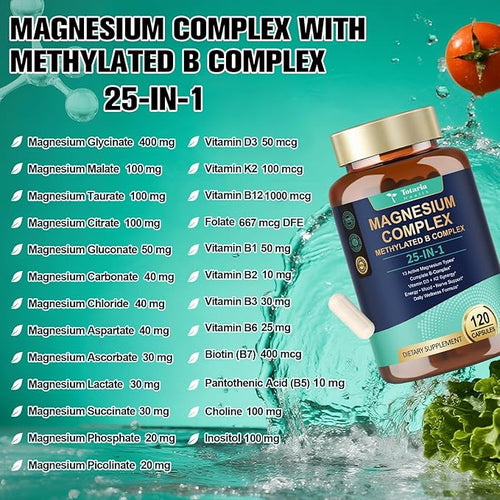 25-in-1 Magnesium Complex with Methylated B Complex Magnesium Glycinate Citrate Malate Taurate Gluconate Aspartate Carbonate D3 K2 Magnesium Supplement for Relaxation Energy &amp Nerve 120 Vegan Ca