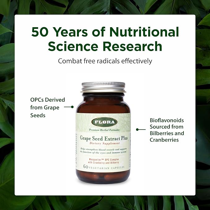 Flora - Grape Seed Extract Plus - Supports Immune &amp Cellular Health - Contains Bilberry Fruit Extract - Non-GMO &amp Vegan - 60 Vegetarian Capsules