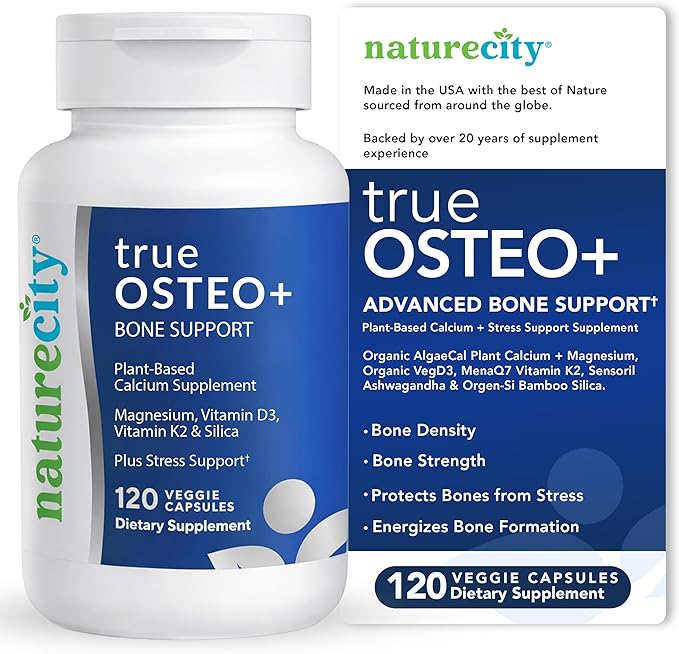 NatureCity True-Osteo Bone Support Supplement – Plant-Based Formula with AlgaeCal Calcium Magnesium Vitamin D3 K2 &amp Silicon | Gentle on Stomach (120 Veggie Capsules)