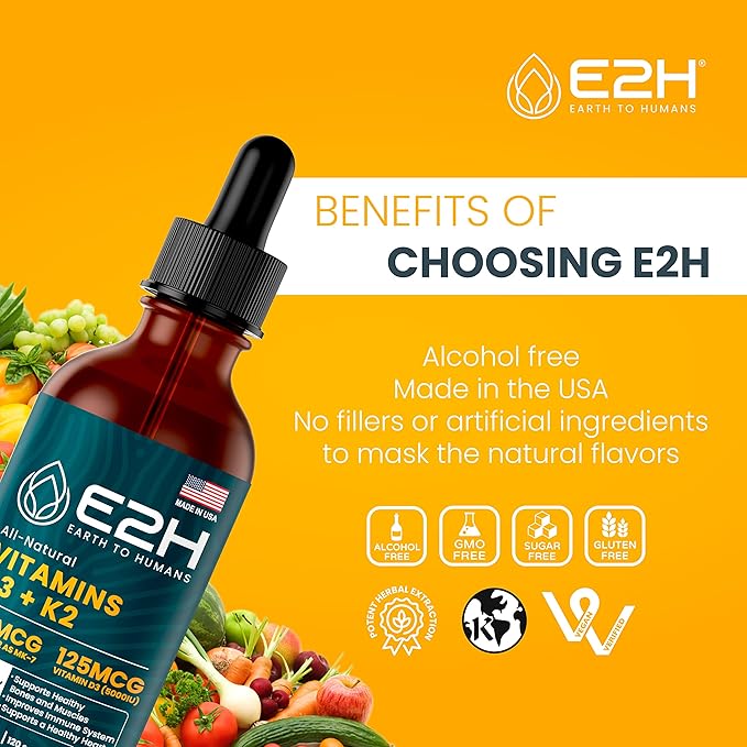 E2H EARTH TO HUMANS Vitamin D3 &amp K2 Supplement for Immune Support - Liquid Vitamin D3 5000 IU - Made in The USA | Non-GMO Vegan - (3 Bottles)