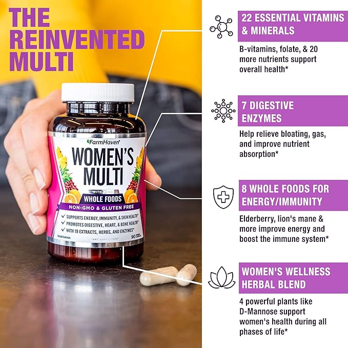 FarmHaven Multivitamin for Women | 22 Essential Nutrients Fruits &amp Veggies Womens Multivitamin | Whole Food Multivitamin Boosts Energy Immune Heart Health | Womens Daily Vitamins - 90 Capsules