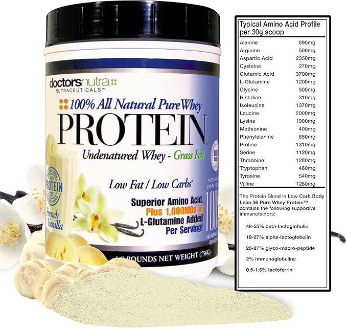 Pure 100 Percent - Undenatured Grass Fed Whey Protein by Doctors Nutra Low Carb Low Fat Rich Vanilla Flavor Nothing Artificial - Ultrafiltered Plus 1000 Milligrams L-Glutamine