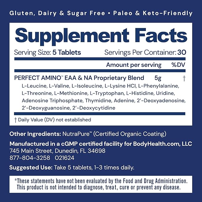 BodyHealth PerfectAmino (150 ct) Easy to Swallow Tablets Essential Amino Acids Supplement with BCAAs Vegan Protein for Pre/Post Workout &amp Muscle Recovery with Lysine Tryptophan Leucine Methio