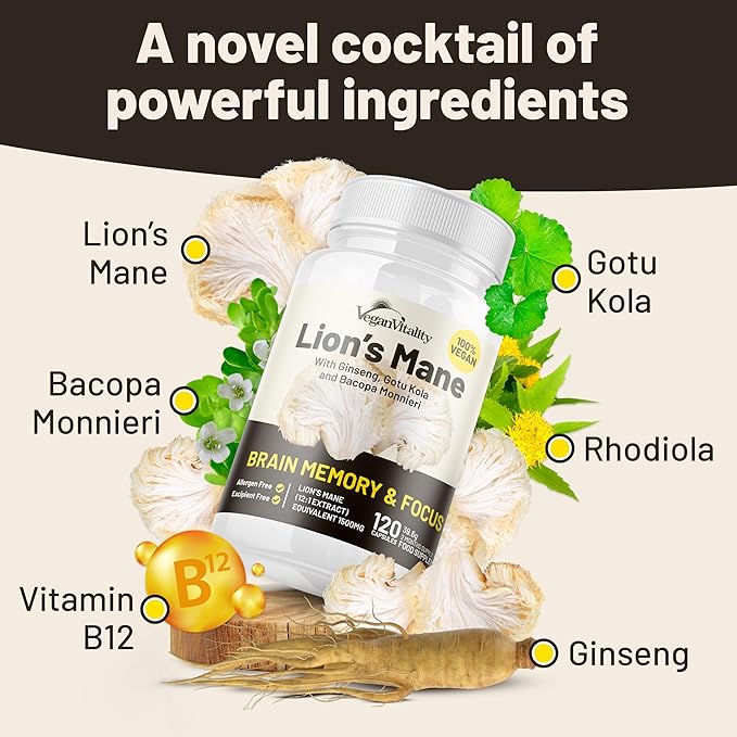Vegan Vitality Skin &amp Brain Bundle 2 Months Supply - D3 K2 Lion's Mane Omega 3 Algae Oil and Vegan Collagen