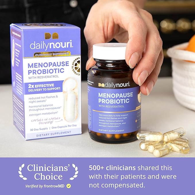 Daily Nouri Menopause Probiotics for Women | Hormonal Balance Hot Flashes Night Sweats &amp Gut Health | 3 Clinically Studied Strains + Resveratrol &amp Omega | 30-Day Supply