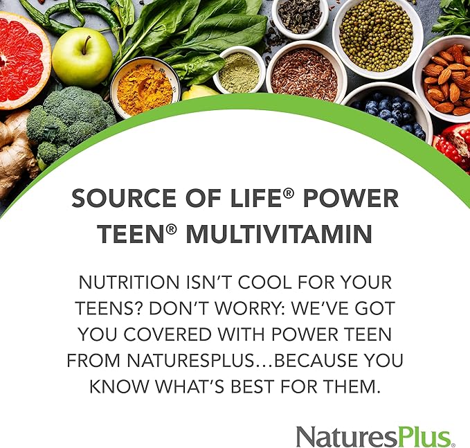 NaturesPlus Source of Life Power Teen - 180 Vegetarian Tablets - Teen Multivitamin with Minerals &amp Whole Foods for Mental Focus Energy Booster - Gluten-Free - 90 Servings