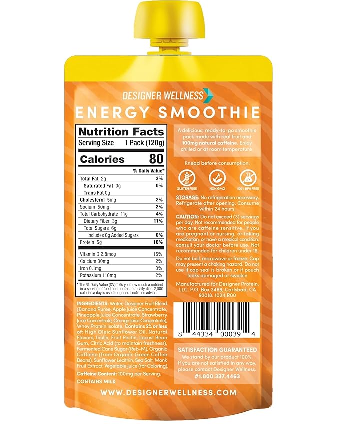 Designer Wellness Energy Smoothie Real Fruit 100mg Natural Caffeine 5g Protein Low Carb Zero Added Sugar Gluten-Free Fruit Punch 12 Count