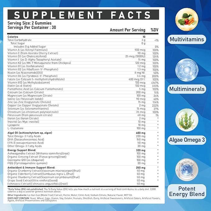 Mens Multivitamins Gummies with Methylated Vitamins - Vegan Omega-3 CoQ10 Vitamin A C D3 K2 B12 Calcium Zinc Grape Seed Support Energy &amp Antioxidant - Multivitamin for Men Gummies Sugar-Free