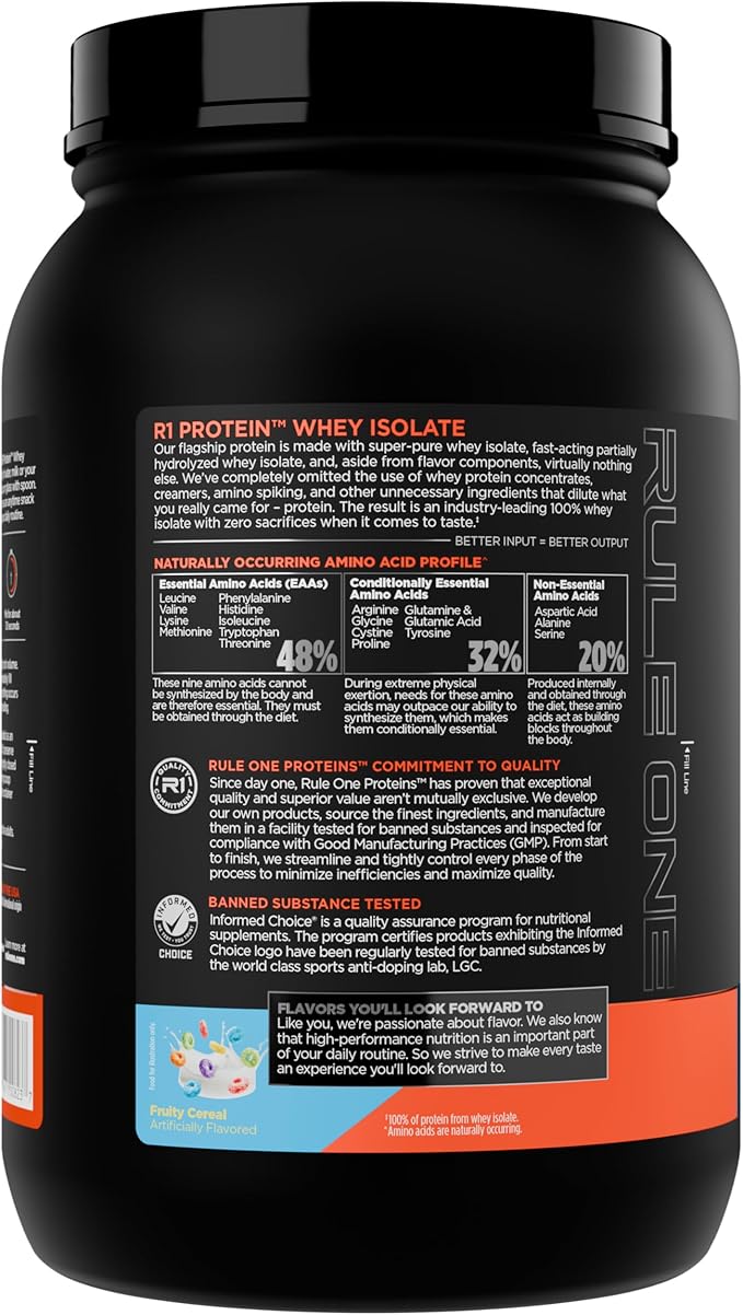 Rule 1 R1 Protein Whey Isolate - with 25g Protein &amp 6g BCAA Exclusively from Isolated &amp Hydrolyzed Sources for Workout Recovery (2 Pounds* Fruity Cereal)
